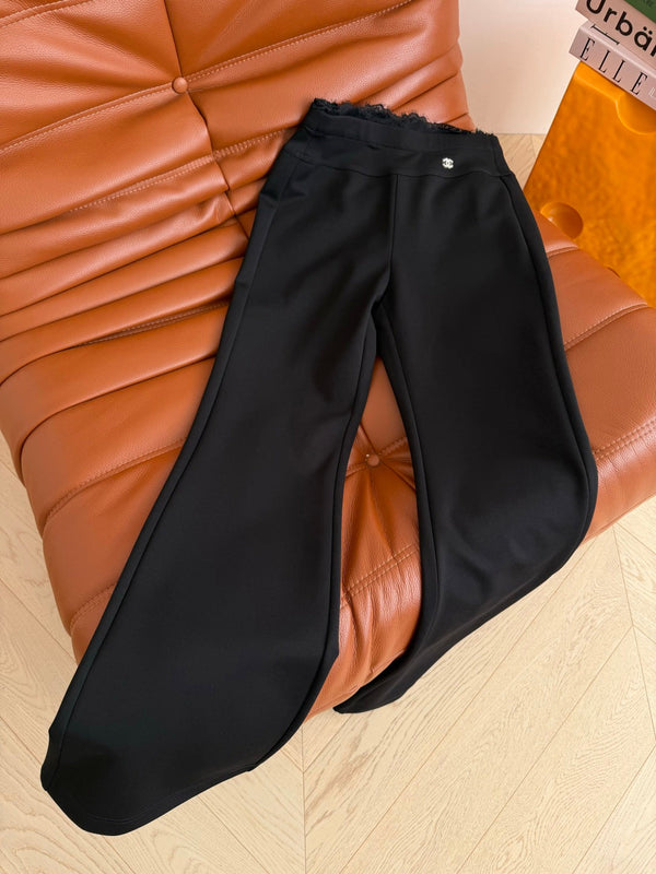 CC 26AW Lace-Trim High-Waist Flared Pants Double C Pattern Stretch Fabric 438394