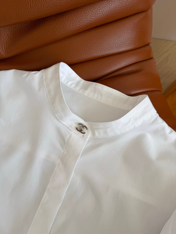 CC 26AW Double C Pleated Balloon-Sleeve Shirt Silver-Tone Button White 438409