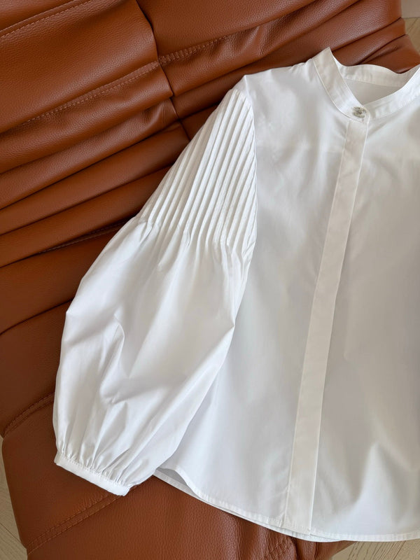 CC 26AW Double C Pleated Balloon-Sleeve Shirt Silver-Tone Button White 438409