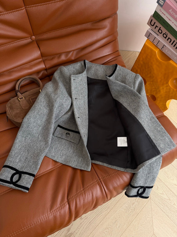 CC 26AW Double C Velvet-Trim Jacket Tone Buttons Grey Wool 438412
