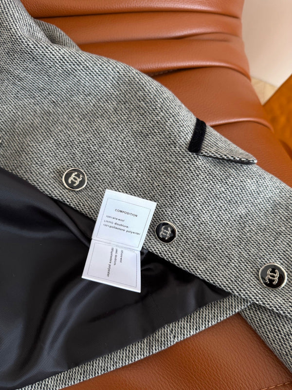 CC 26AW Double C Velvet-Trim Jacket Tone Buttons Grey Wool 438412