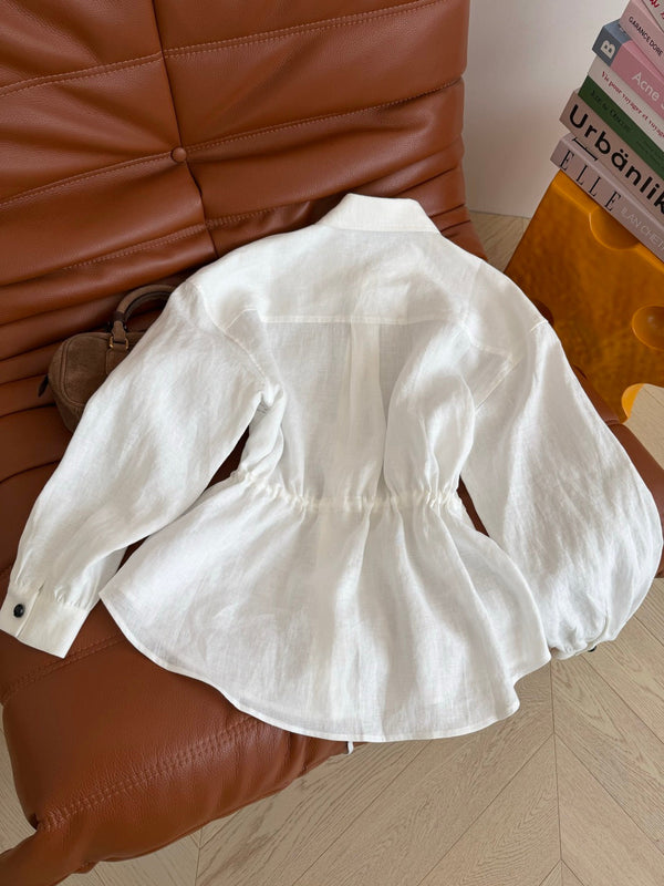 CC 26FW Drawstring Waist Shirt Contrast Stitching Double C Black Buttons White Cotton 438583