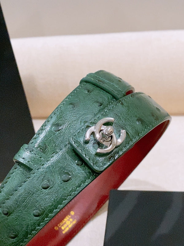 CC 26FW Double C Twist Buckle Belt 25mm Embossed Green Cowhide Leather 218900