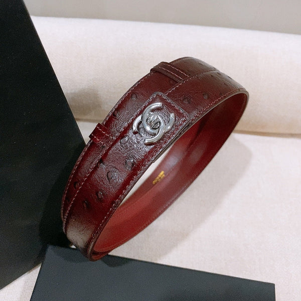CC 26FW Double C Twist Buckle Belt 25mm Embossed Burgundy Cowhide Leather 218898