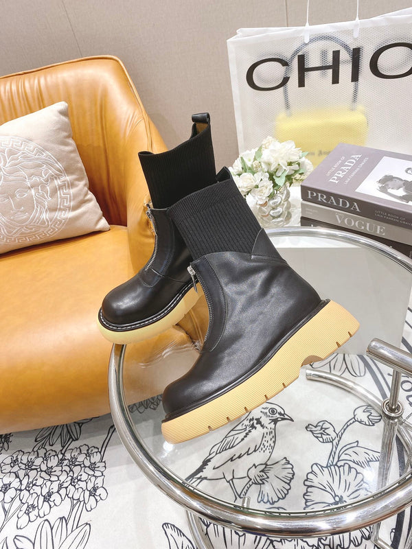 BV 26FW Chunky Platform Ankle Boots 5cm Knit Sock Shaft Front Zip Leather 164461