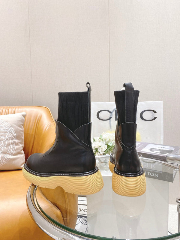 BV 26FW Chunky Platform Ankle Boots 5cm Knit Sock Shaft Front Zip Leather 164461