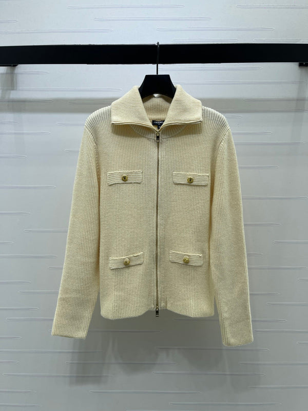 CC 26FW Ribbed-Knit Double-Zip Cardigan Gold-Tone Hardware Cashmere 274022