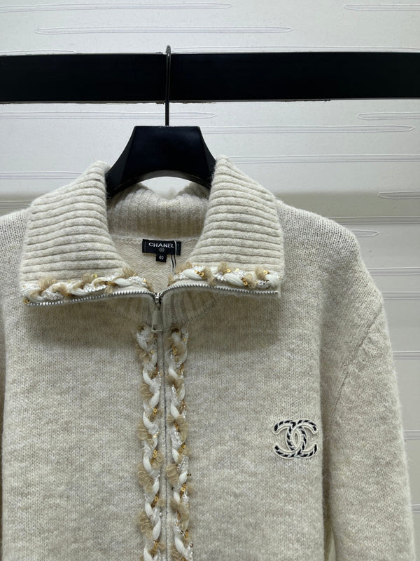 CC 26FW Textured-Trim Zip-Up Sweater CC Logo Cashmere 274028
