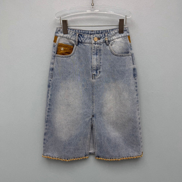CC 26FW Gold Chain-Trim Denim Midi Skirt Light Blue Cotton 274253