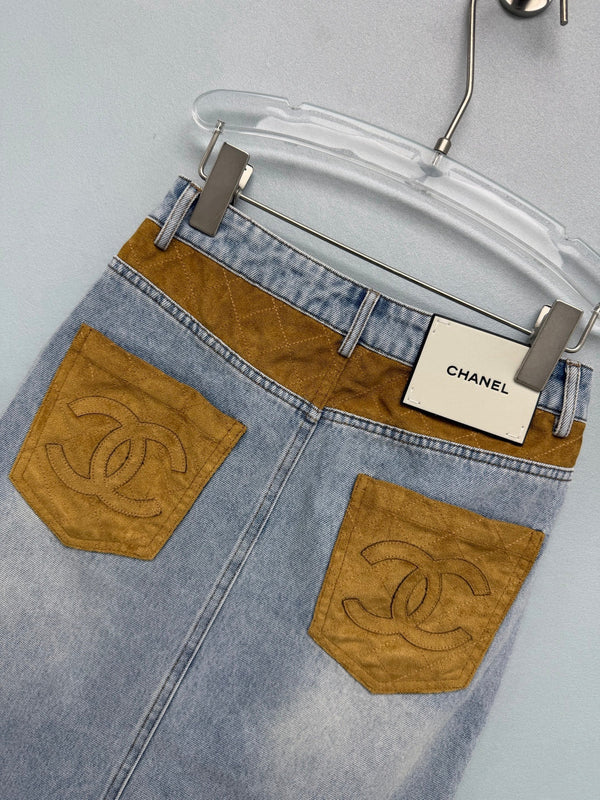 CC 26FW Gold Chain-Trim Denim Midi Skirt Light Blue Cotton 274253