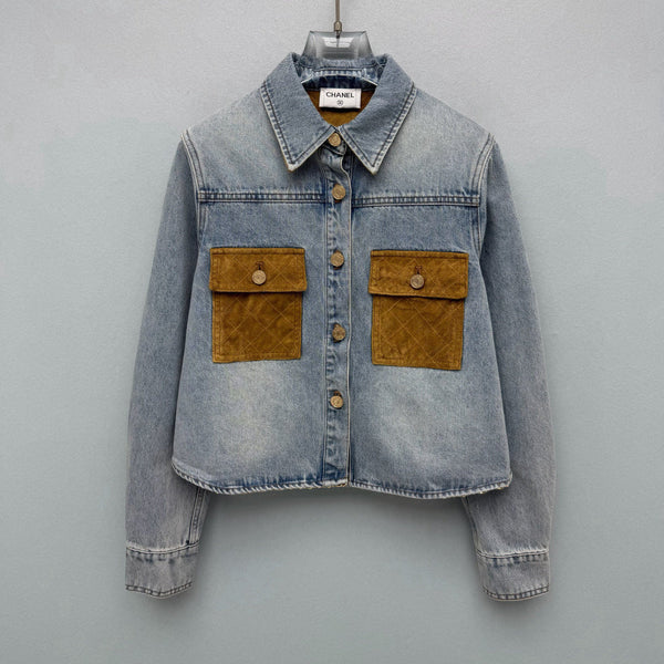 CC 26FW Denim Crop Jacket Contrast Pocket & Collar Light Blue Cotton 274259