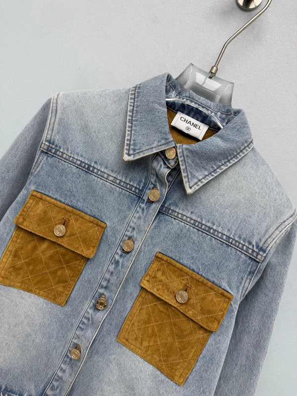 CC 26FW Denim Crop Jacket Contrast Pocket & Collar Light Blue Cotton 274259