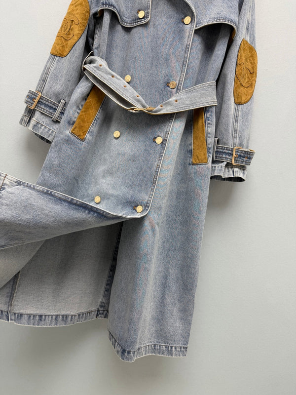 CC 26FW Denim Trench Coat Contrast Suede Collar Elbow Patches Belted Blue Cotton 274268