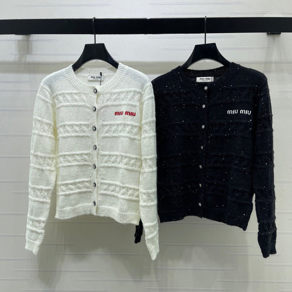 Miu 26FW Cable-Knit Rhinestone Cardigan Black Wool 439885