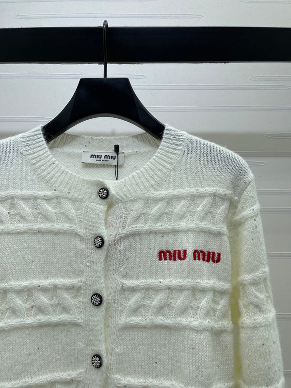 Miu 26FW Cable-Knit Rhinestone Cardigan Black Wool 439885