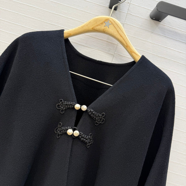 CD 26FW Cape Coat Knot Buttons Fringe Hem Black Wool 440413