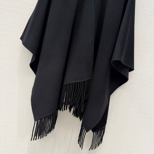 CD 26FW Cape Coat Knot Buttons Fringe Hem Black Wool 440413