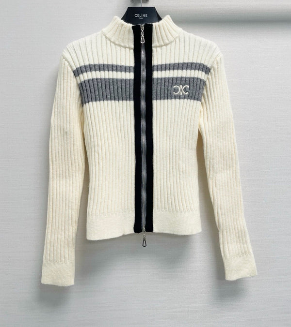 Celine 26FW Ribbed-Knit Zip-Up Cardigan Stripe Wool 440311