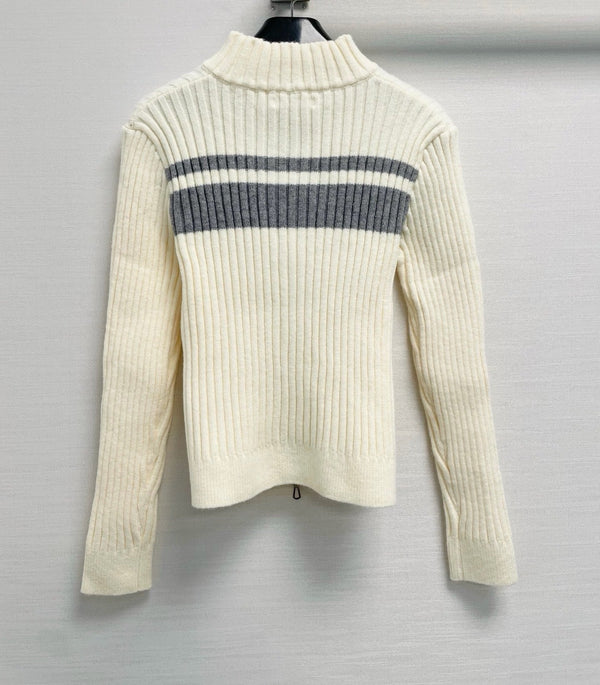 Celine 26FW Ribbed-Knit Zip-Up Cardigan Stripe Wool 440311