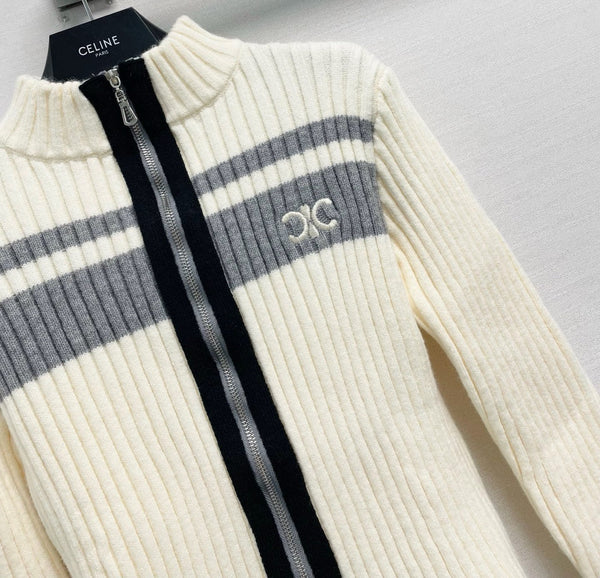 Celine 26FW Ribbed-Knit Zip-Up Cardigan Stripe Wool 440311