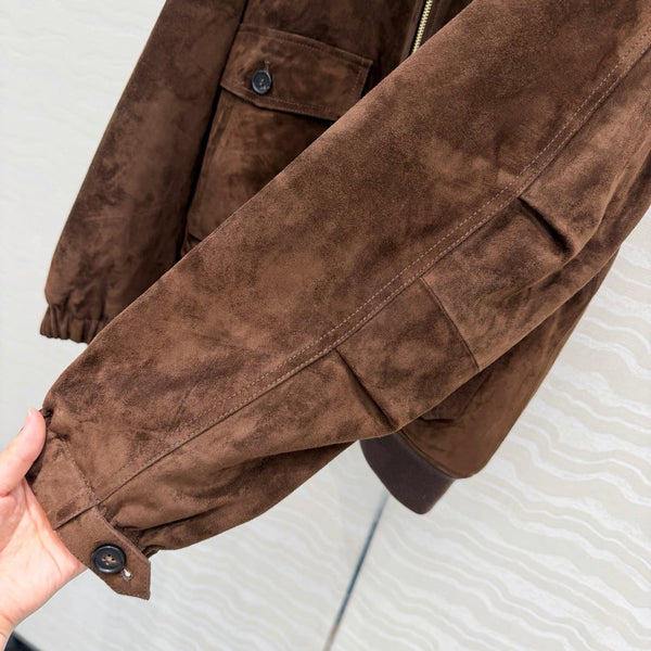 Miu 26S Oversized Jacket with Shearling Collar Brown Suede 440896