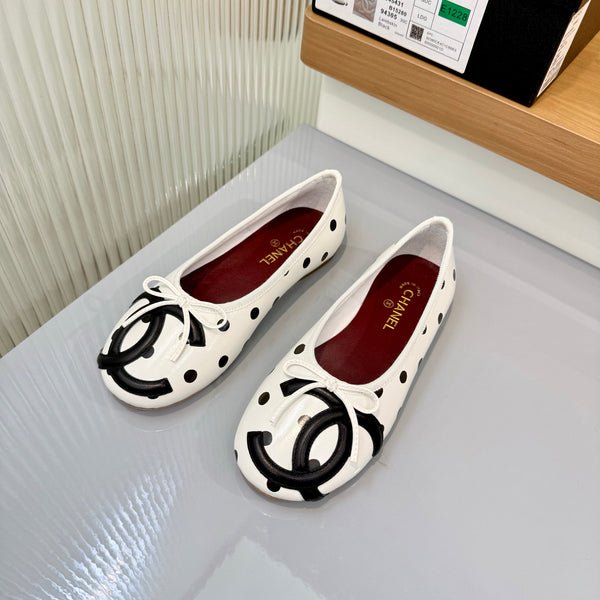 CC 26FW Coco Beach Polka-Dot Ballet Flats Bow Detail Calfskin Leather 182076
