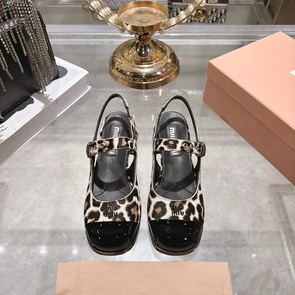 Miu 26FW Slingback Pumps 4.5cm Square Toe Strap Leopard Print Pony Hair 190486
