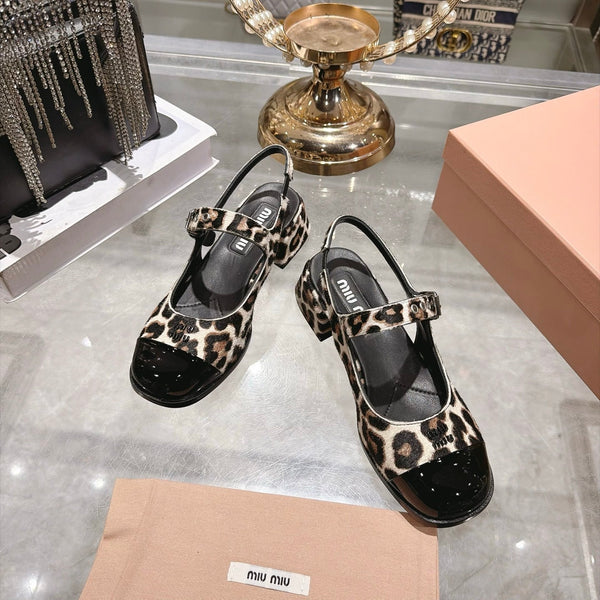 Miu 26FW Slingback Pumps 4.5cm Square Toe Strap Leopard Print Pony Hair 190486