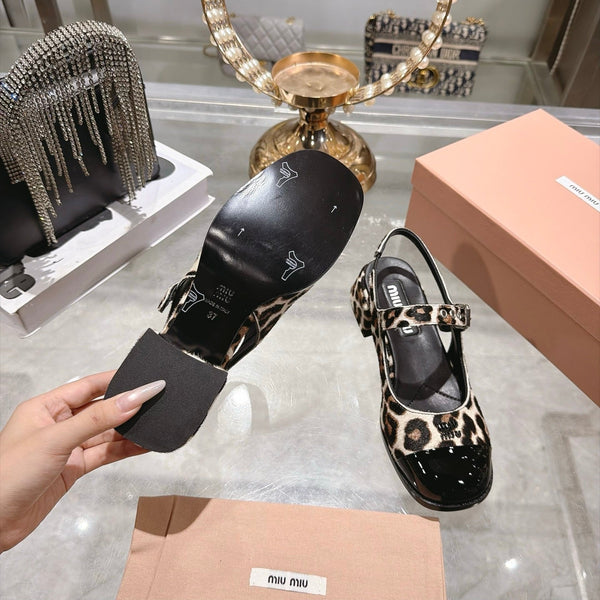 Miu 26FW Slingback Pumps 4.5cm Square Toe Strap Leopard Print Pony Hair 190486