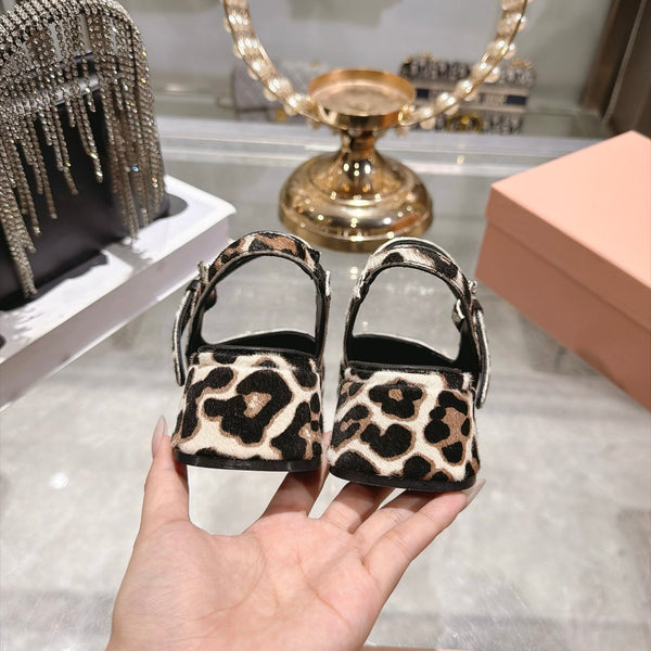 Miu 26FW Slingback Pumps 4.5cm Square Toe Strap Leopard Print Pony Hair 190486