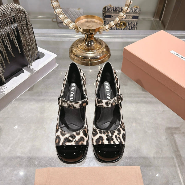 Miu 26FW Mary Jane Pumps 7.5cm Square Toe Strap Leopard Print Pony Hair 190484