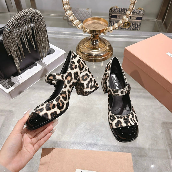 Miu 26FW Mary Jane Pumps 7.5cm Square Toe Strap Leopard Print Pony Hair 190484