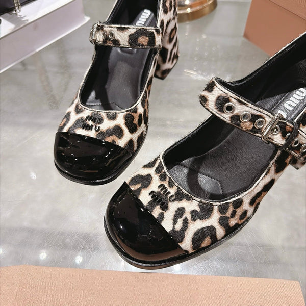 Miu 26FW Mary Jane Pumps 7.5cm Square Toe Strap Leopard Print Pony Hair 190484
