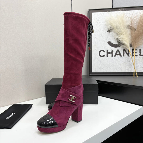 CC 26FW High Boots Gold-Tone CC Logo Suede Patent Leather 193648
