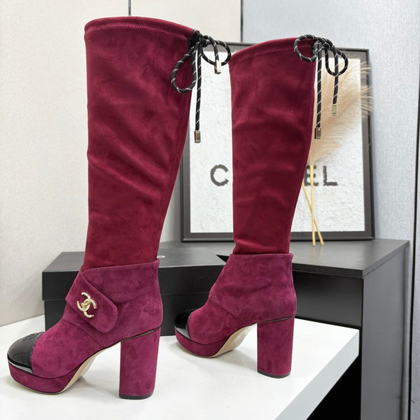 CC 26FW High Boots Gold-Tone CC Logo Suede Patent Leather 193648