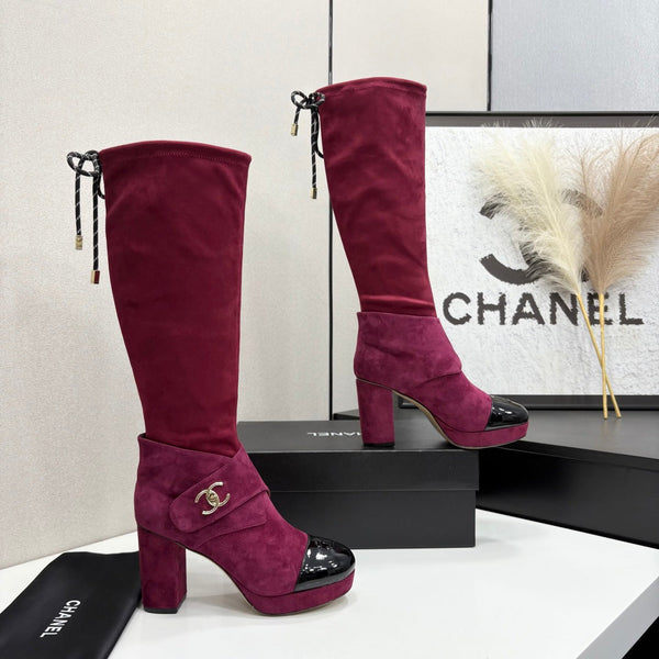 CC 26FW High Boots Gold-Tone CC Logo Suede Patent Leather 193648