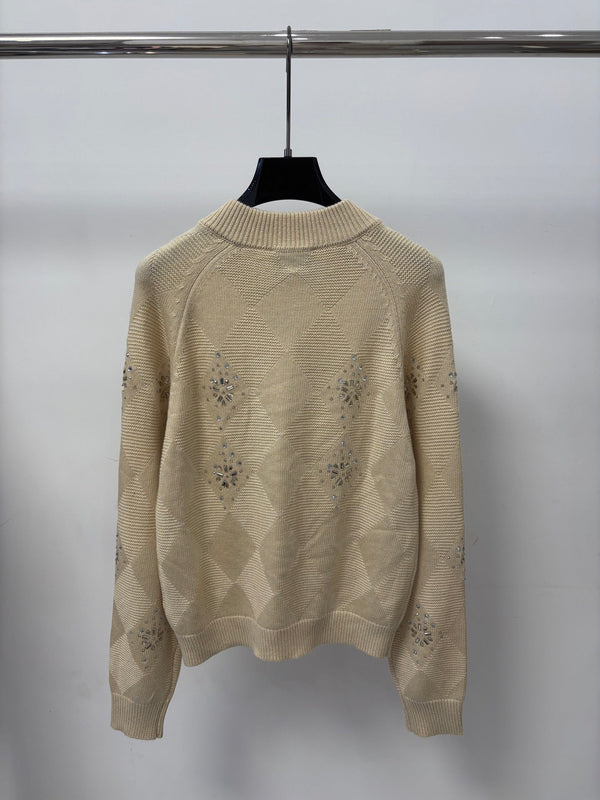 CC 26FW Stand Collar Color-Block Diamond Knit Cardigan Rhineston Metal Label Beige Wool 448066