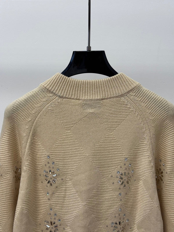 CC 26FW Stand Collar Color-Block Diamond Knit Cardigan Rhineston Metal Label Beige Wool 448066