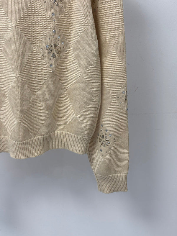 CC 26FW Stand Collar Color-Block Diamond Knit Cardigan Rhineston Metal Label Beige Wool 448066