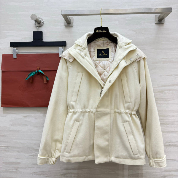 LP 26FW Hooded Utility Jacket Drawstring Waist Diamond Quilted Lining Ivory Wool Blend 449825