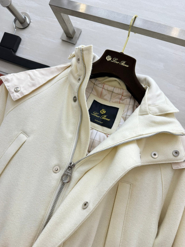 LP 26FW Hooded Utility Jacket Drawstring Waist Diamond Quilted Lining Ivory Wool Blend 449825