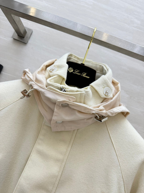 LP 26FW Hooded Utility Jacket Drawstring Waist Diamond Quilted Lining Ivory Wool Blend 449825