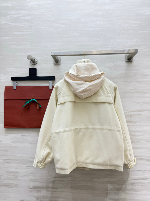 LP 26FW Hooded Utility Jacket Drawstring Waist Diamond Quilted Lining Ivory Wool Blend 449825