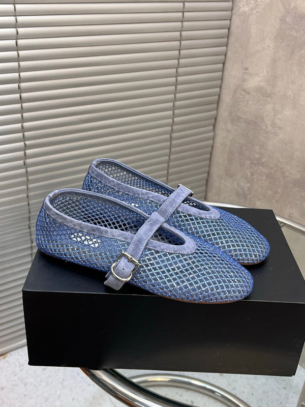 Alaia 26FW Strass Fishnet Ballet Flats Buckle Strap Suede 195860