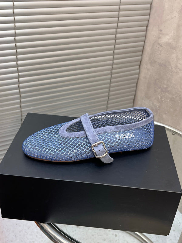 Alaia 26FW Strass Fishnet Ballet Flats Buckle Strap Suede 195860