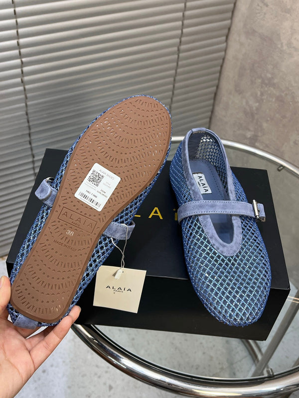Alaia 26FW Strass Fishnet Ballet Flats Buckle Strap Suede 195860