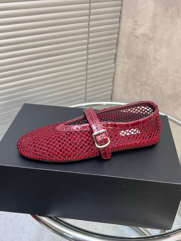 Alaia 26FW Fishnet Ballet Flats Crocodile-Embossed Calfskin Mesh 195858