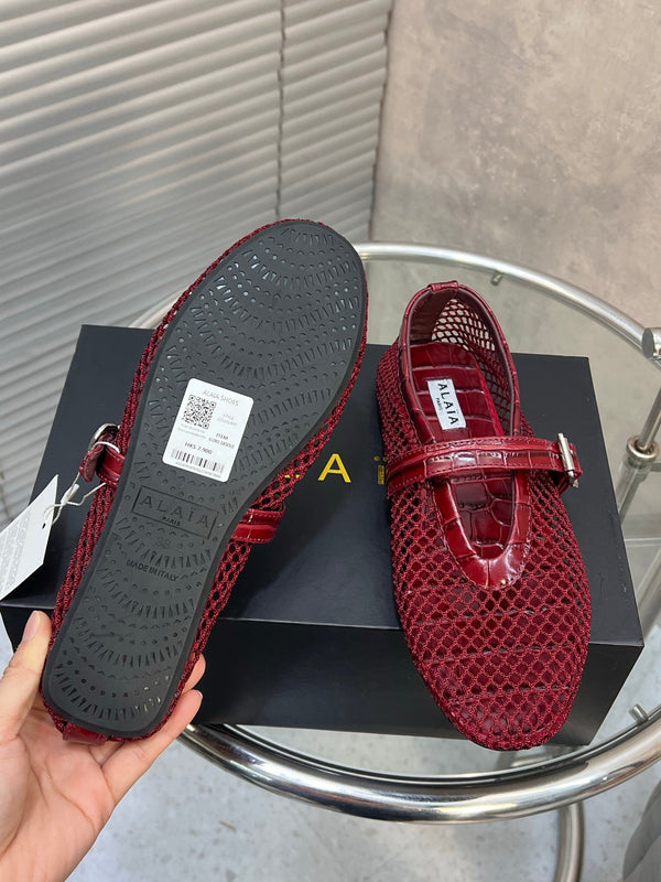 Alaia 26FW Fishnet Ballet Flats Crocodile-Embossed Calfskin Mesh 195858