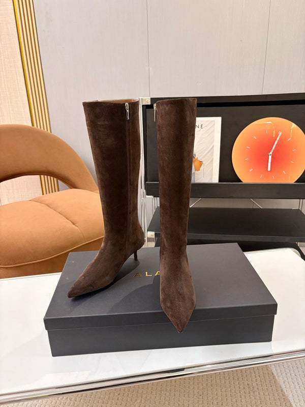 Alaia 26FW Pointed-Toe Knee-High Boots 5.5cm Black Suede 198148