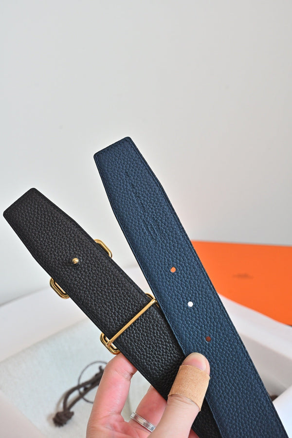 HM 26FW Reversible H Belt 3.8cm Black Blue Grained Leather 220419